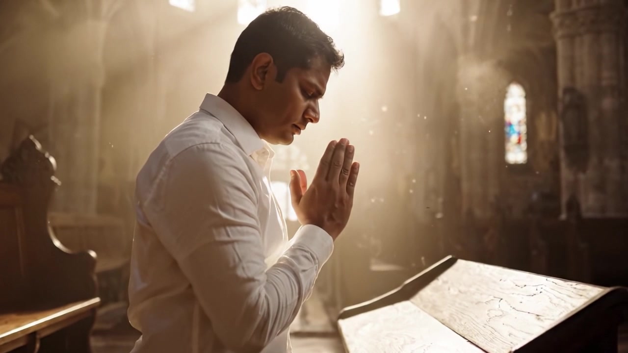 A Contemplative Moment in a Serene Church: A Man Engages in Deep Reflection and Prayer Amidst the Ethereal Light and Gothic Architecture Surrounding Him
