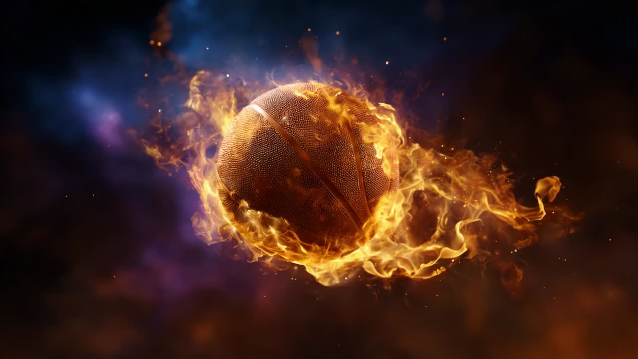 A Basketball Surrounded by Flames and Energy in an Explosive Visual Display, Capturing the Intense Movement and Dynamic Nature of the Game in a Stunning and Dramatic Aesthetic