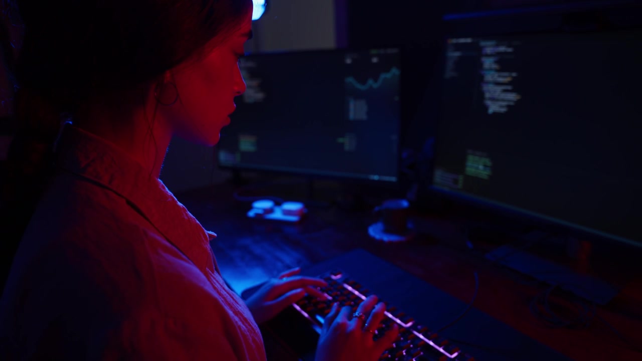 Giovane donna che programma al computer in una stanza buia.