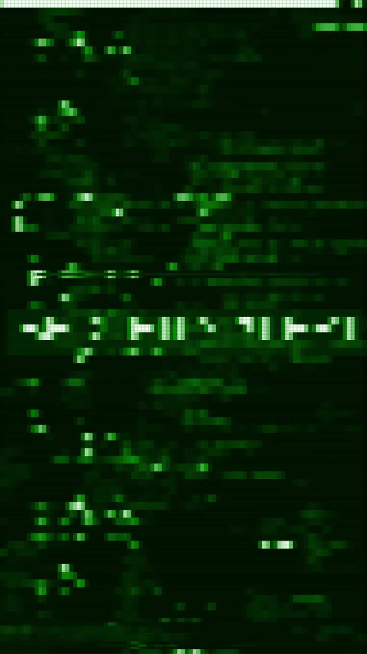 Green terminal code glitch background with scrolling text blocks distorted scan lines and hacker