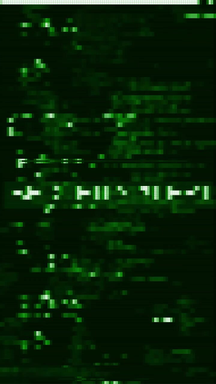 Green terminal code glitch background with scrolling text blocks distorted scan lines and hacker