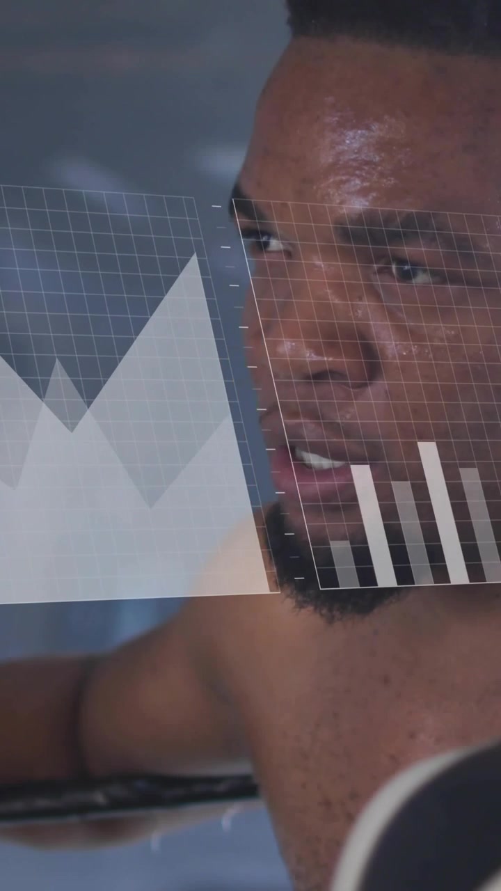 Vertical video: HUD appearing on man starting charts animating while leaning showing recovery data