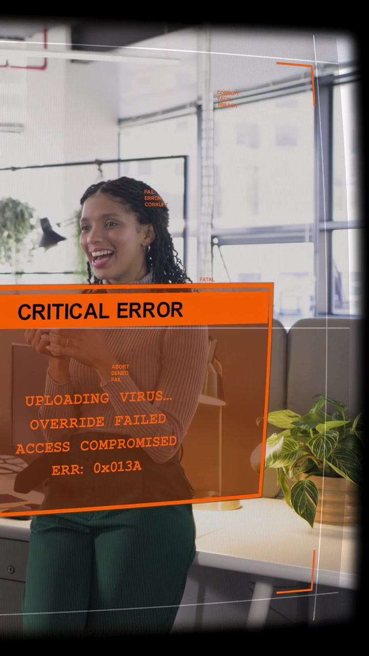 Vertical video: Woman holding mug in office HUD popping over face and causing IT call then smiling