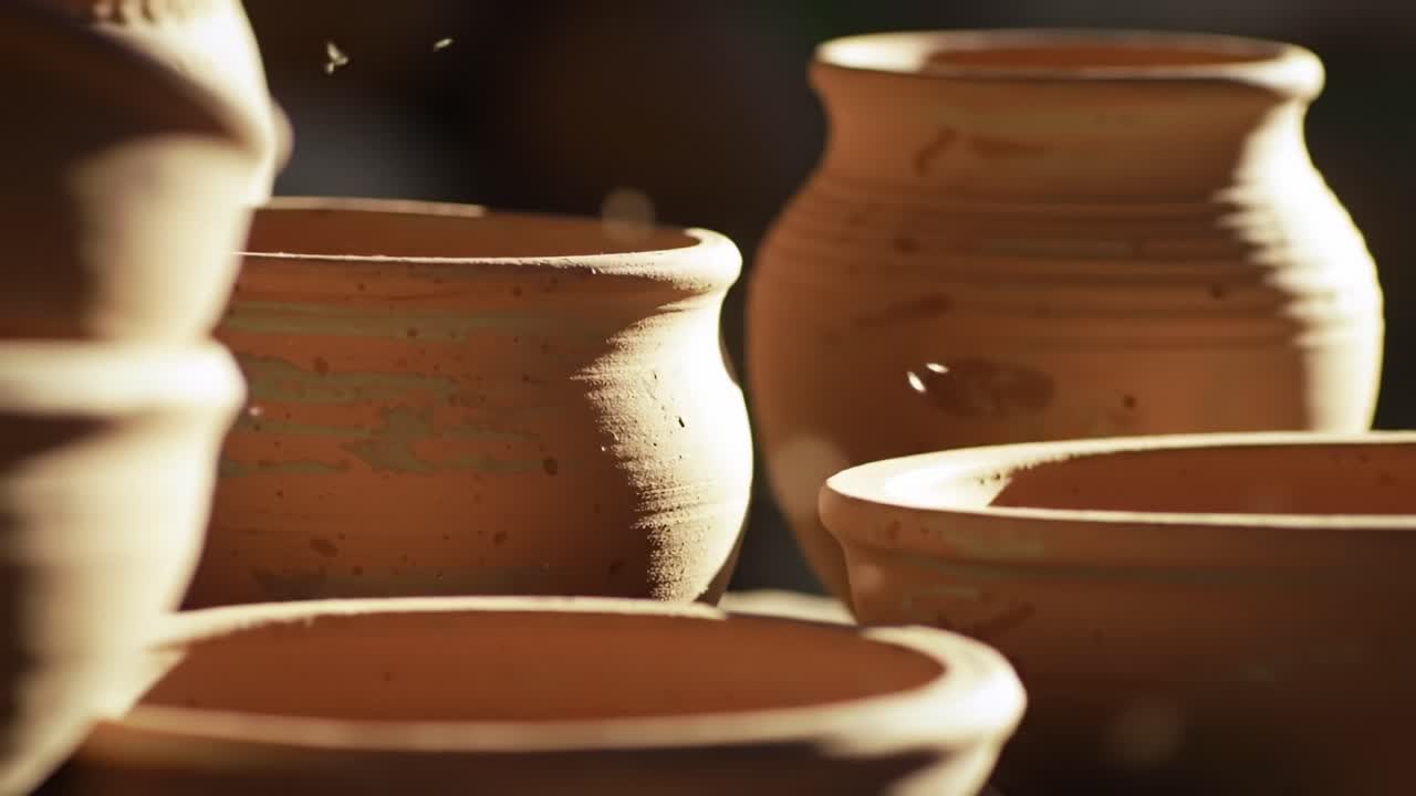 A Glimpse into the Art of Pottery: Showcasing Beautifully Crafted Clay Pots Highlighting Their Unique Shapes and Textures in Natural Light