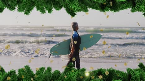 Animation-Der-Weihnachtsdekoration-über-Einer-Biracial-Frau-Mit-Surfbrett-Am-Strand