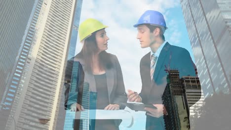 animation of building site over business people talking in office