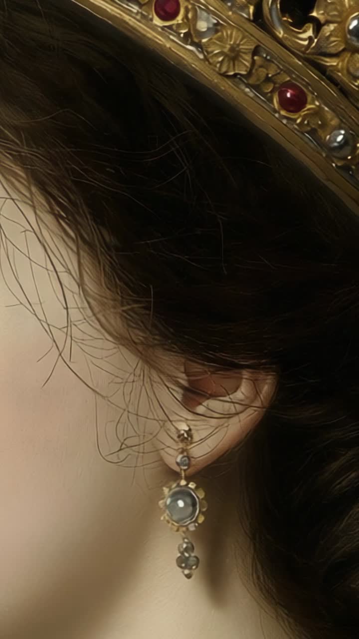 Vertical video: Camera capturing woman swaying with crown and earring in studio, revealing jewelry