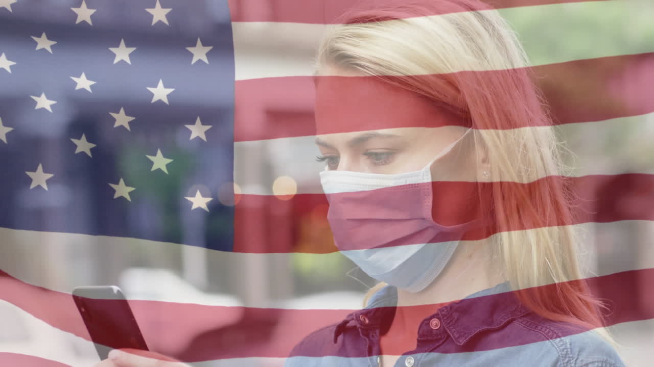 Animation of flag of usa waving over woman in face masks