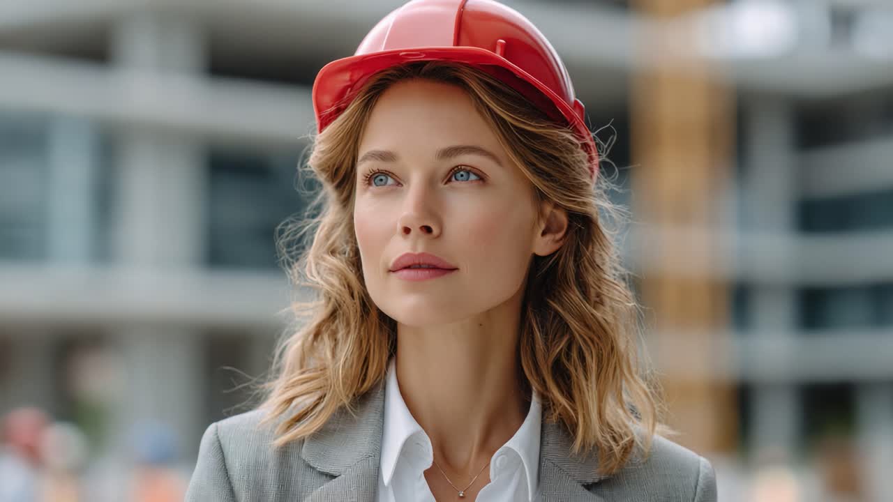 Confident Female Construction Manager Overseeing Project Development with a Red Hard Hat, Inspiring Future Generations in the Construction Industry