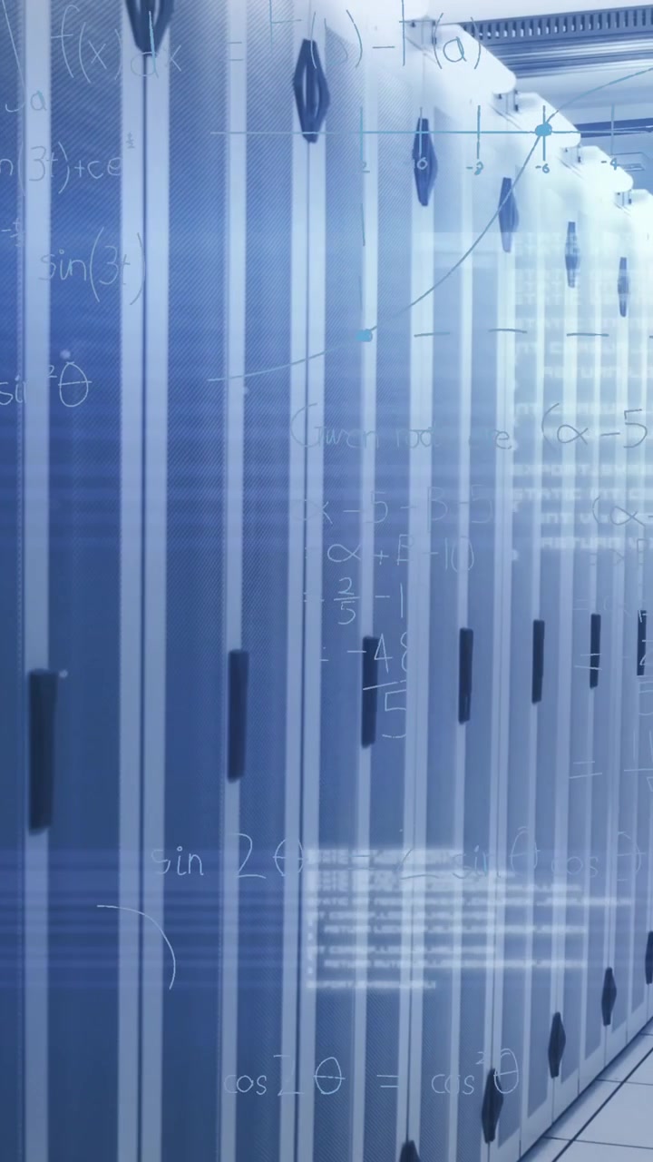 Animation of mathematical equations with symbols and codes over server room