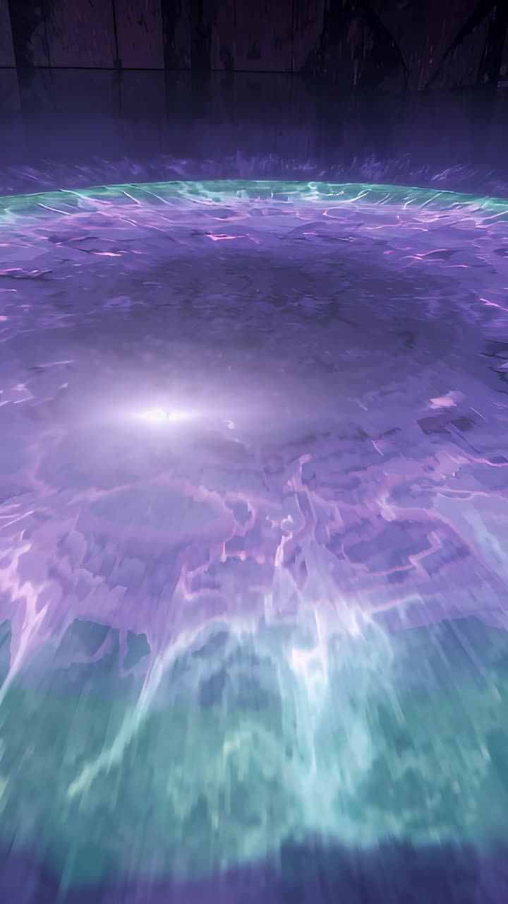 Vertical video: Pulsing circular energy field glowing in dim chamber, reacting to violet-teal flare
