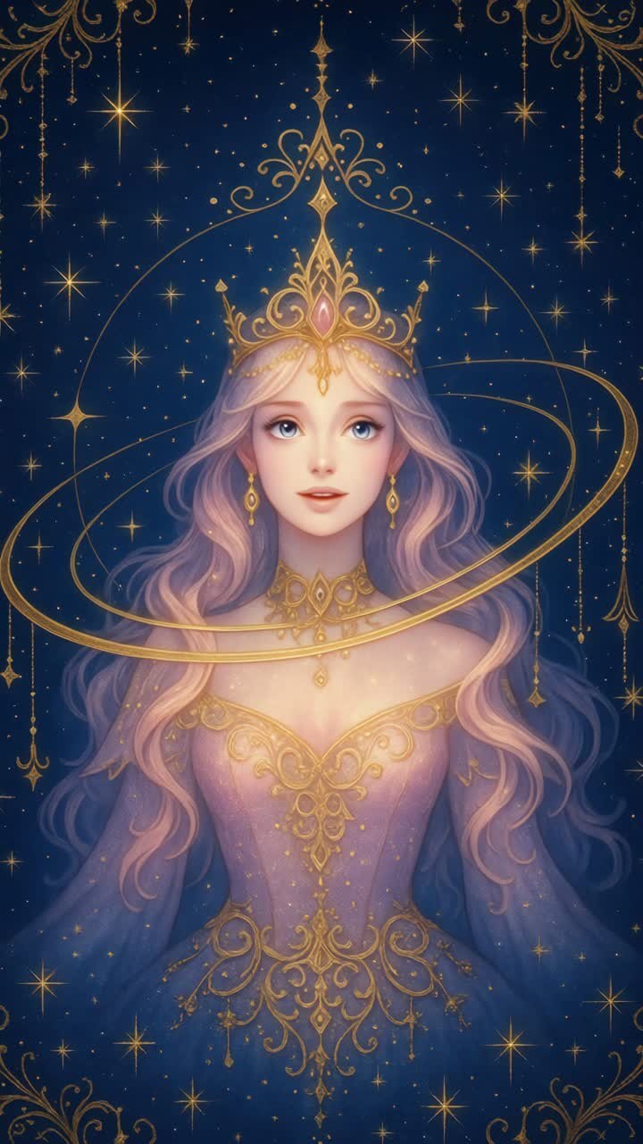 Una regina celestiale in abiti decorati, occhi chiusi, circondata da stelle