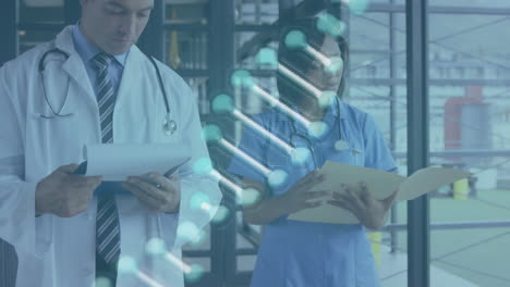 animation of dna structure spinning over diverse male and female doctors reading reports at hospital