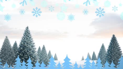 Animation-Von-Schnee,-Der-Auf-Bäume-In-Einer-Winterlandschaft-Fällt