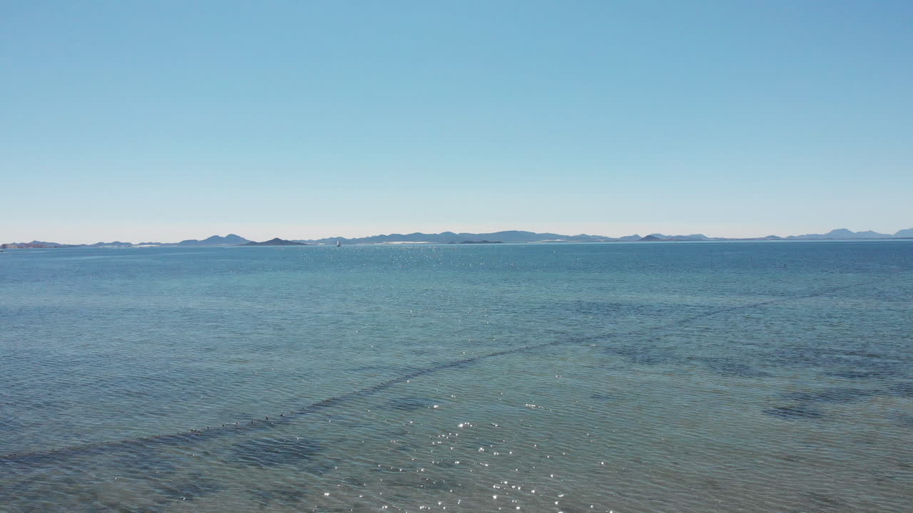 화창한 날에 아름다운 잔잔한 바다 위로 날아가는 공중