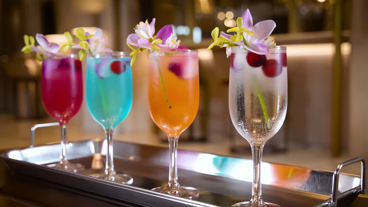 Colorful Cocktails Garnished with Flowers and Berries on a Tray