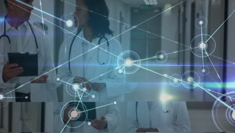 discussing patient data, doctors with network connections animation overlay in hospital