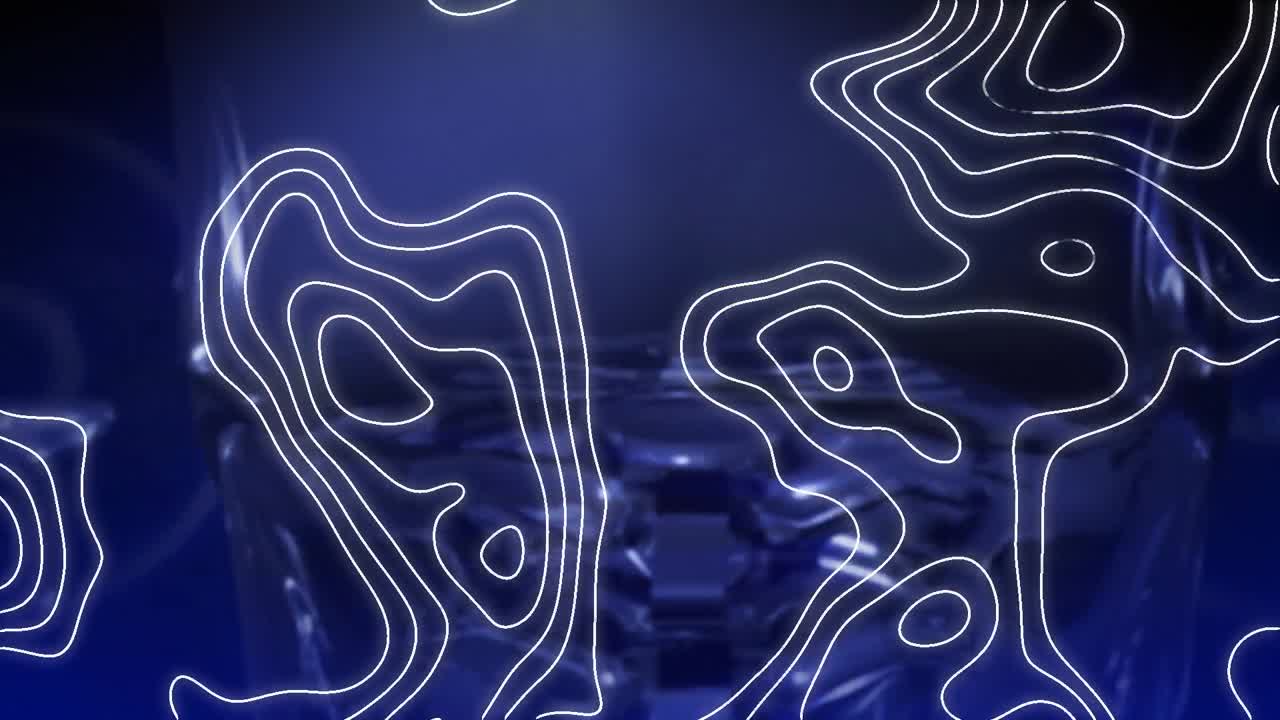 Animation of rotating human head over dark blue background with isohypses