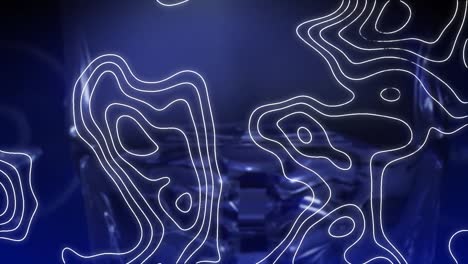 animación de una cabeza humana giratoria sobre un fondo azul oscuro con isohypses