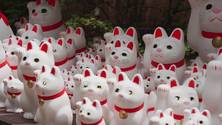 Statuette fortunate di gatti Maneki Neko bianchi al Tempio Gotokuji, ideali per temi di cultura giapponese, viaggi, spiritualità, turismo, buona fortuna, tradizione e punti di riferimento iconici.