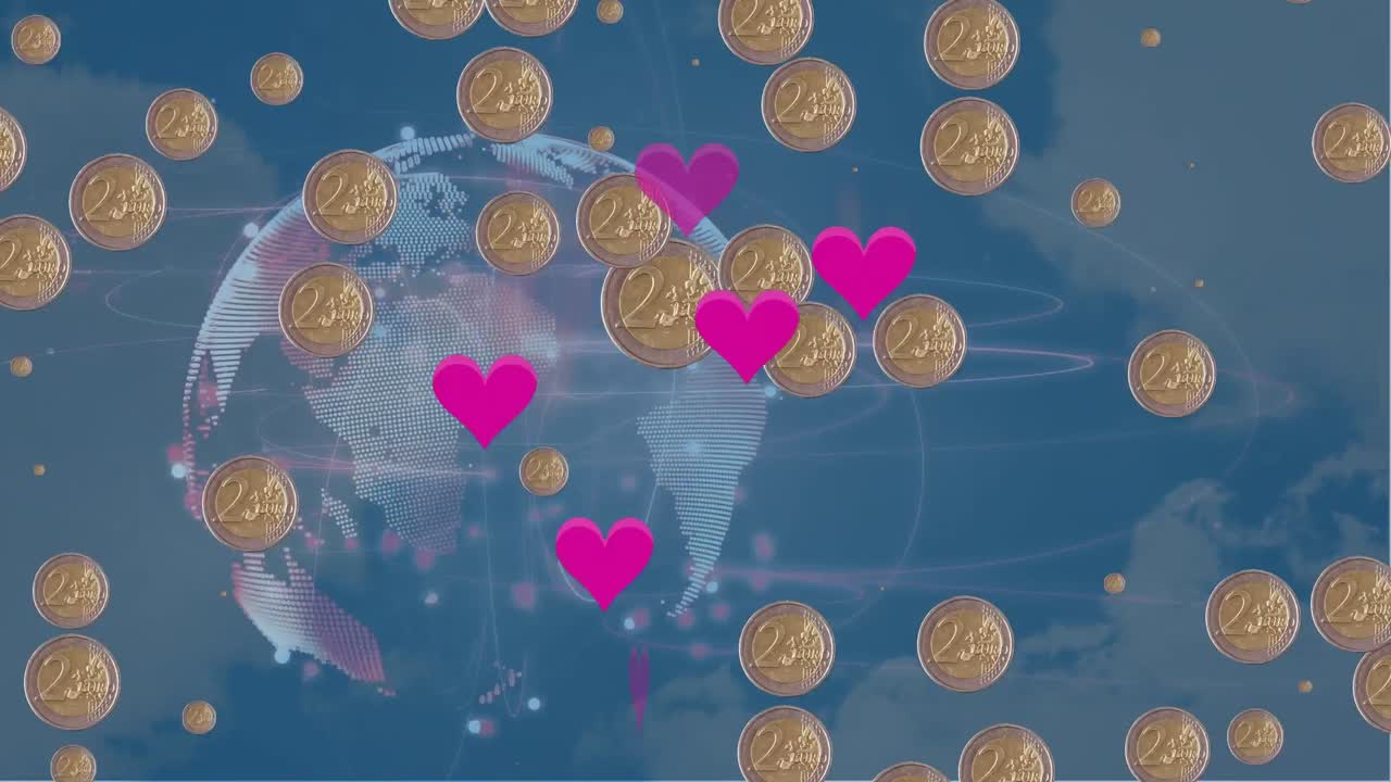하늘의 구름을 배경으로 회전하는 지구 위에 분홍색 심장 아이콘과 금 동전 아이콘의 애니메이션