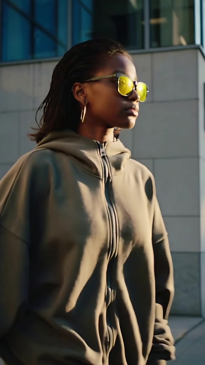 Vertical video: Leaning on wall, woman starting to walk past camera on street, in shades and hoodie