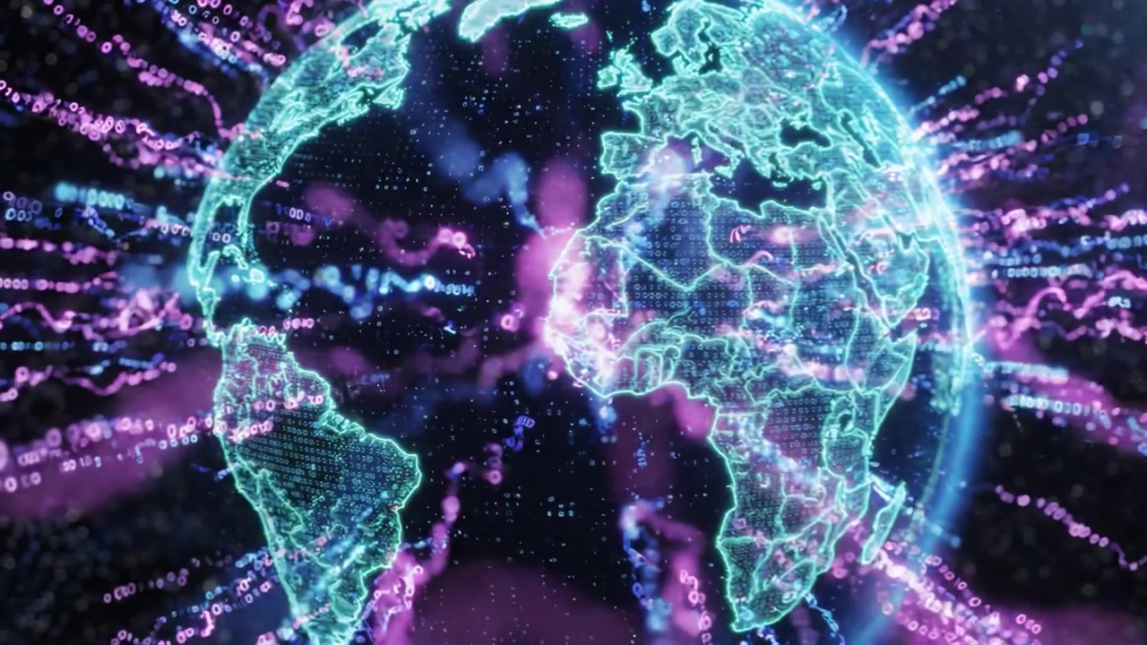 A Dynamic Digital Representation of Earth Showcasing Geographical Features and Data Flow in an Expansive Cosmic Environment