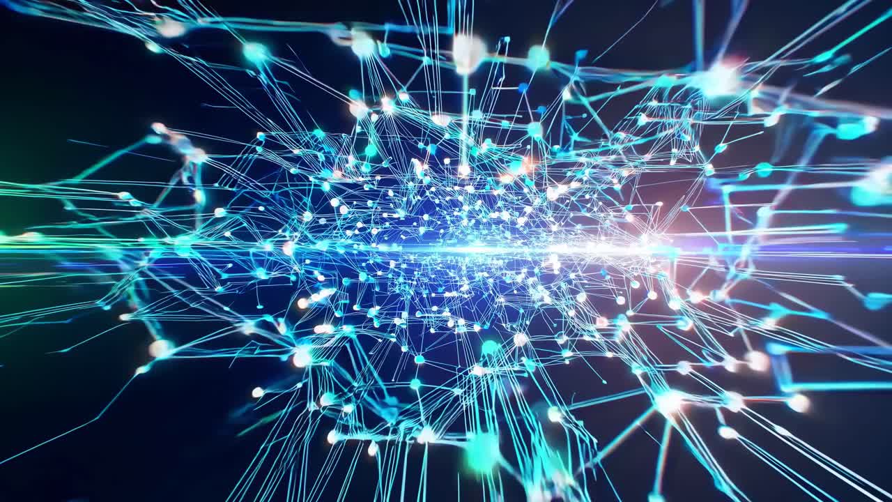 Dynamic video concept of interconnected digital nodes and lines, captured from a central