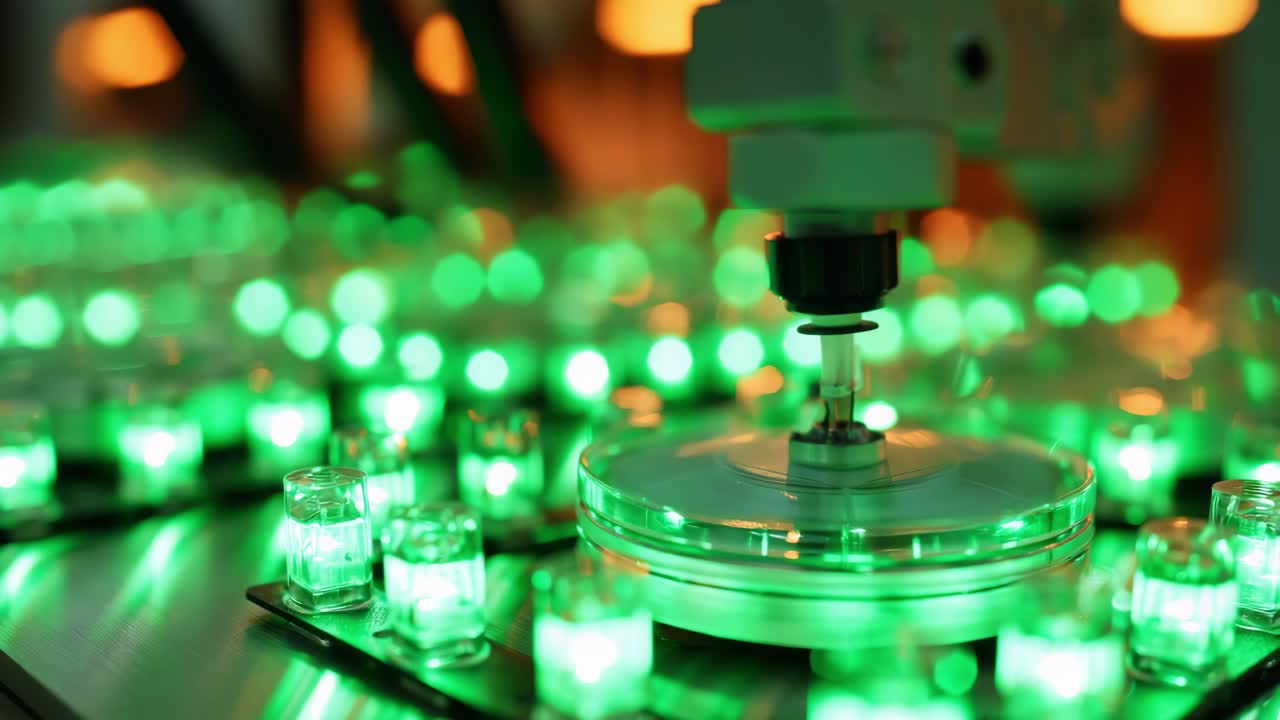 Robotic system performing color transformation of LED lights from blue to green during precise manufacturing workflow, showcasing advanced industrial automation and technological innovation