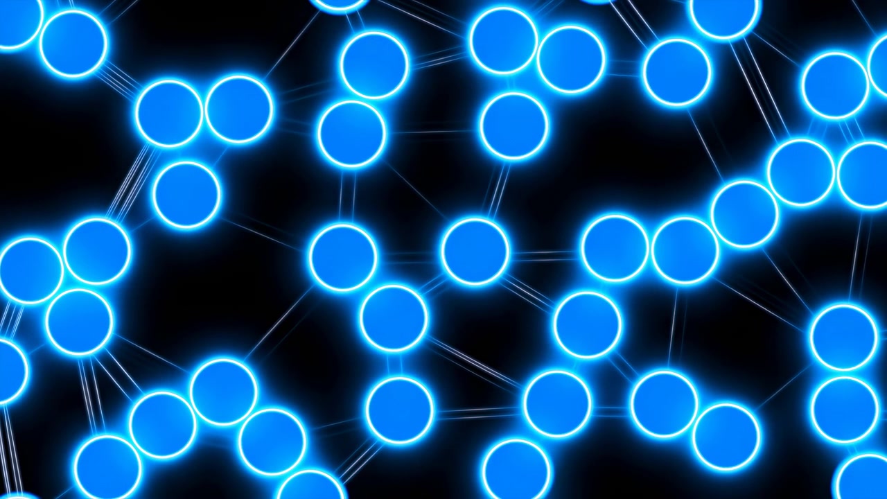 Bright blue outlined circles move through dark space while thin connecting lines shift between points, forming changing abstract patterns with luminous edges, layered depth, and smooth flowing motion.