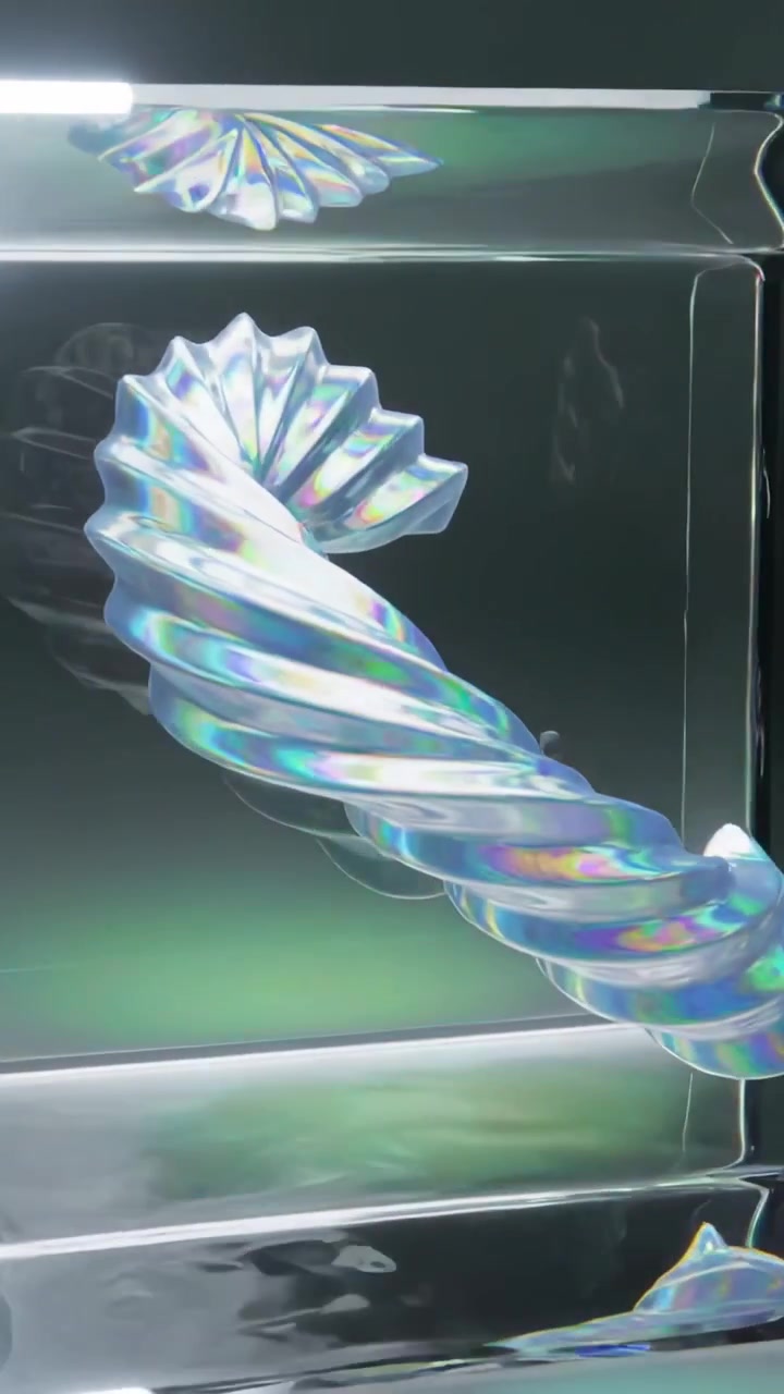 Video verticale: Entrando in un'elica destrorsa che gira in un blocco trasparente su una base a specchio in un set che mostra un bagliore LED.