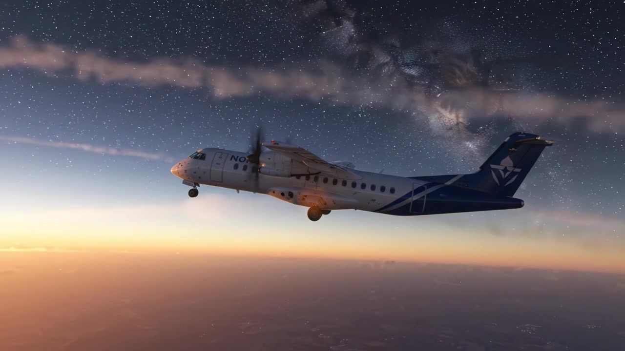 Een adembenemende vlucht door de sterrenhemel: betoverende uitzichten vanuit een vliegtuig dat tijdens de schemering boven de a aarde zweeft en geniet van de galactische vertoning.