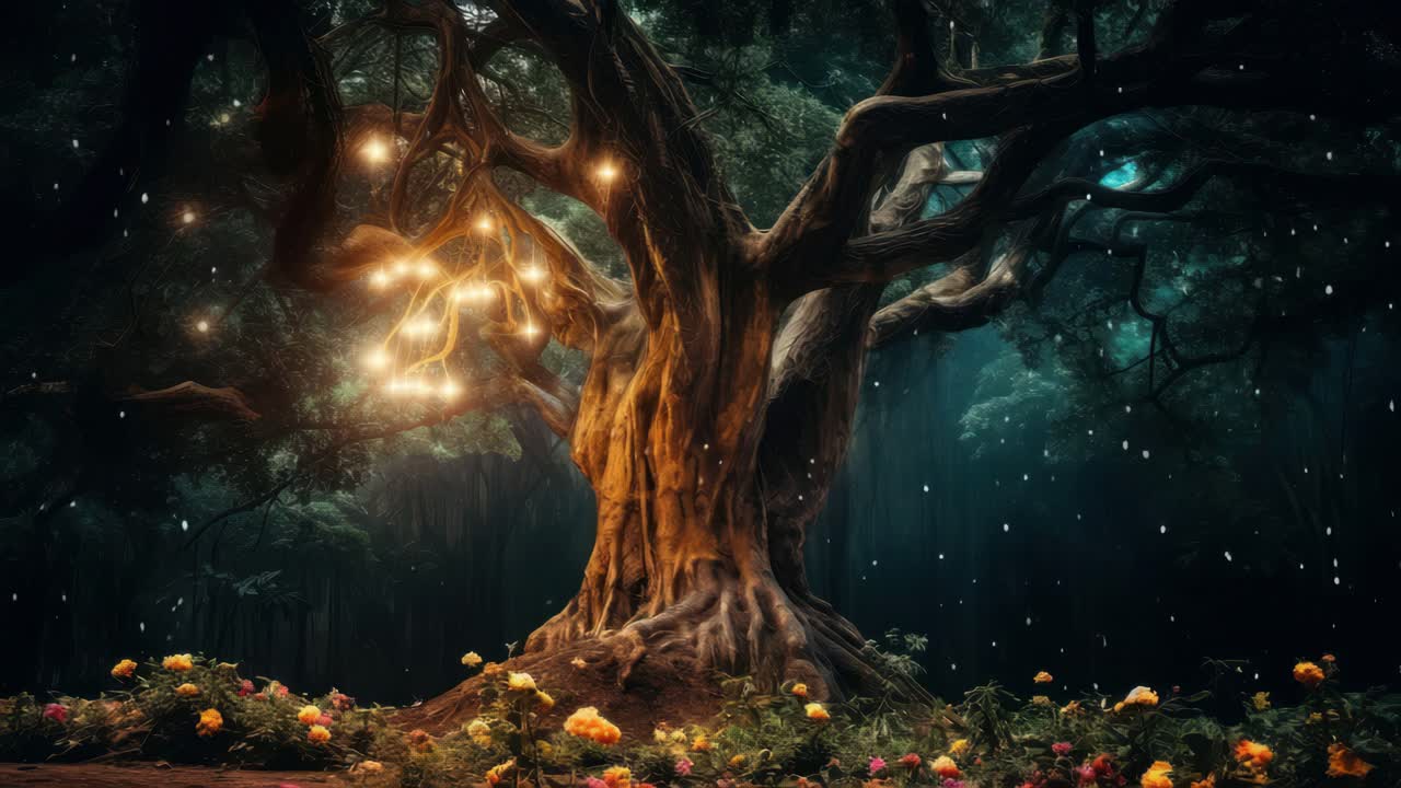 Enchanted forest scene with glowing tree, captured from a low angle. The video style adds a magical