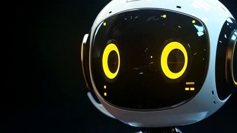 a white robot with yellow eyes on a black background