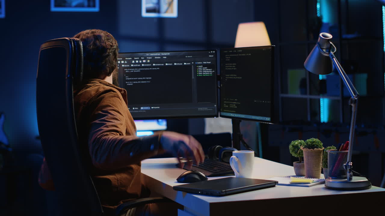 Software designer finishing remote job shift, packing backpack