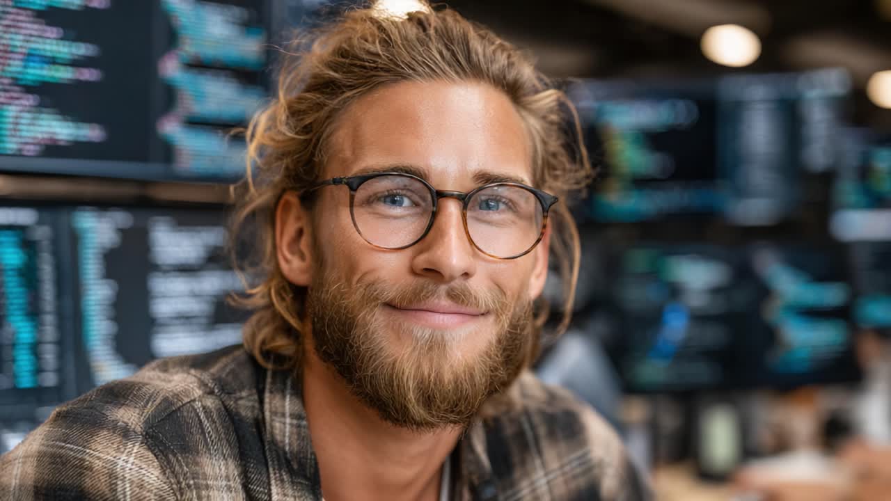 Ein selbstbewusster junger Mann mit Brille und Bart genießt seine Arbeit in einem modernen Technologie-Arbeitsbereich, umgeben von Computerbildschirmen, die Code anzeigen