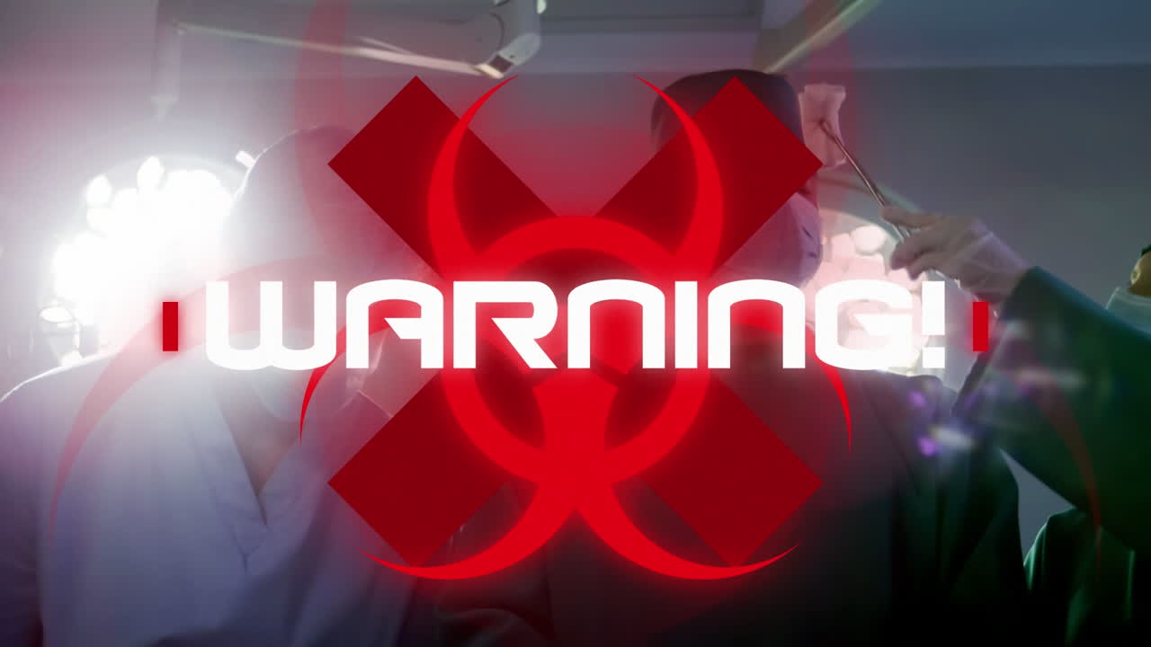 animación de una advertencia con un trabajador de la salud en el fondo durante la pandemia de coronavirus