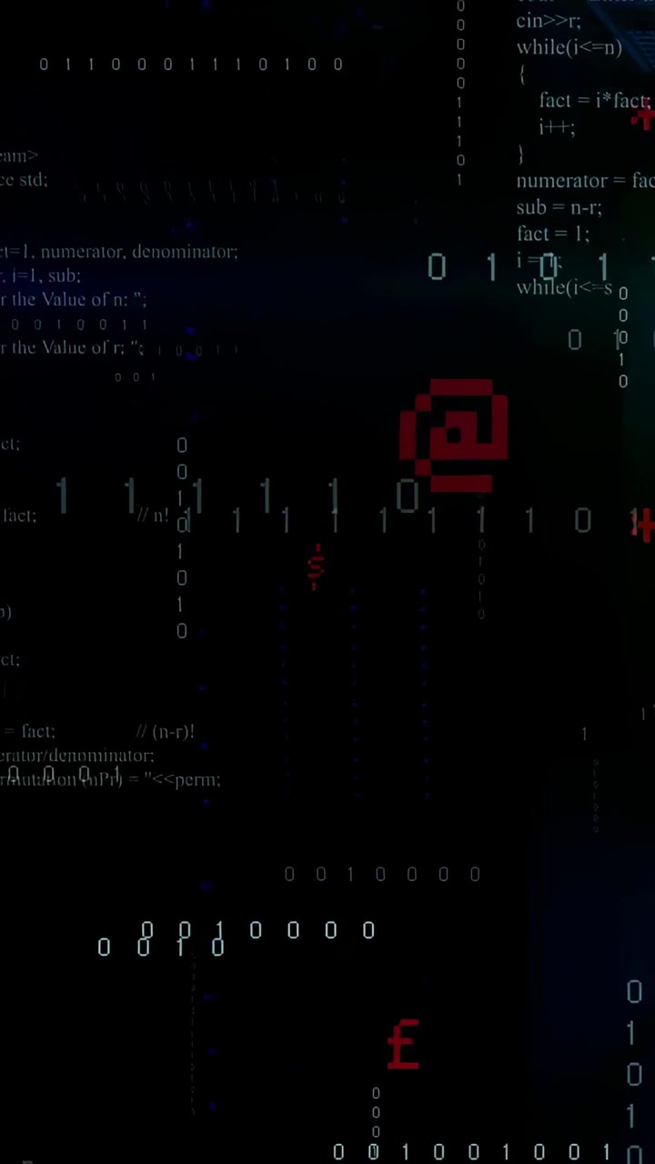 Vertical video: Binary column sliding, revealing more code as tech feed triggers pulsing red glyphs