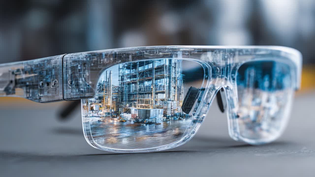 A Close-Up Look at Futuristic Augmented Reality Glasses Reflecting an Industrial Setting, Showcasing Advanced Technology and Innovative Design in a Modern Work Environment