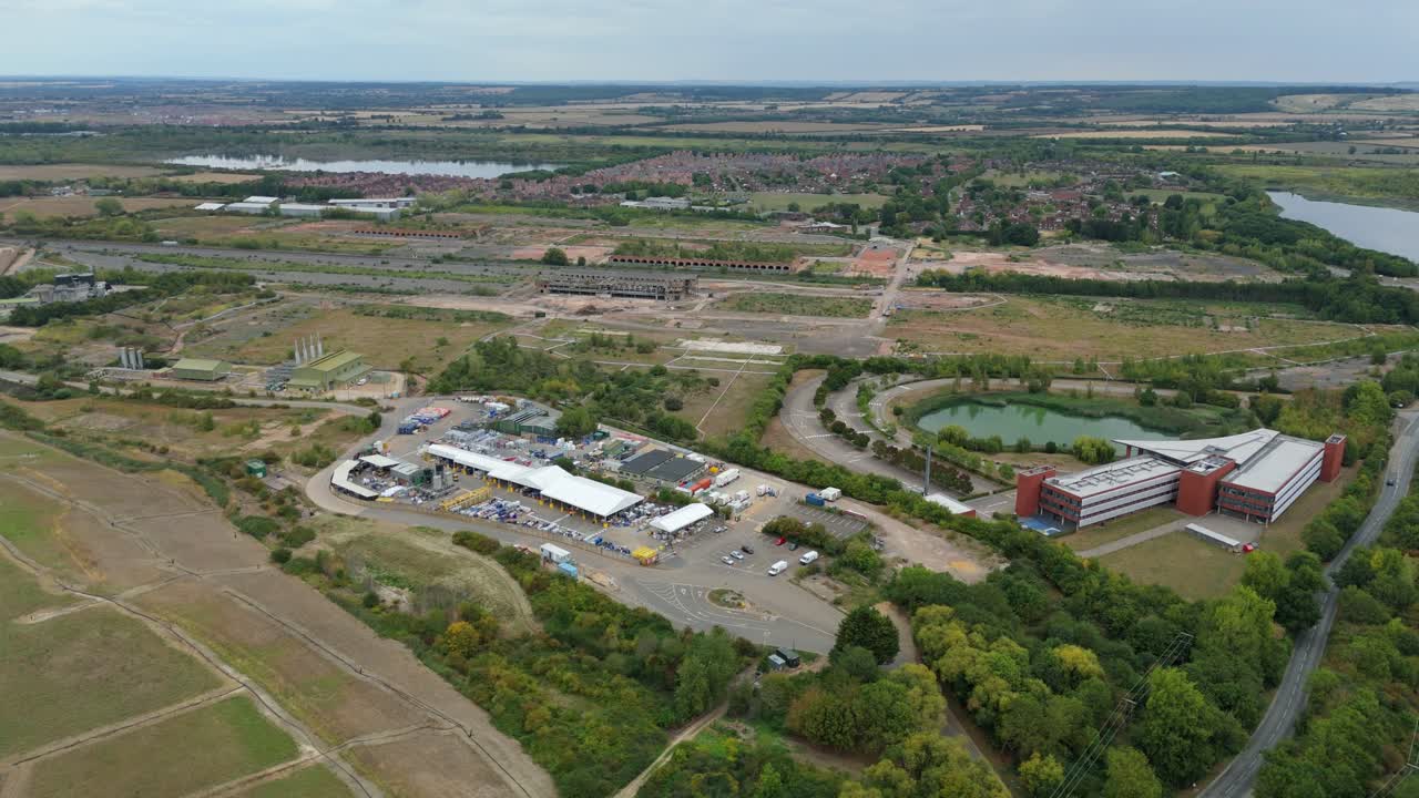 Aerial drone view of Bedford England Veolia waste recycling centre, domestic refuse management site and environmental processing industrial facility