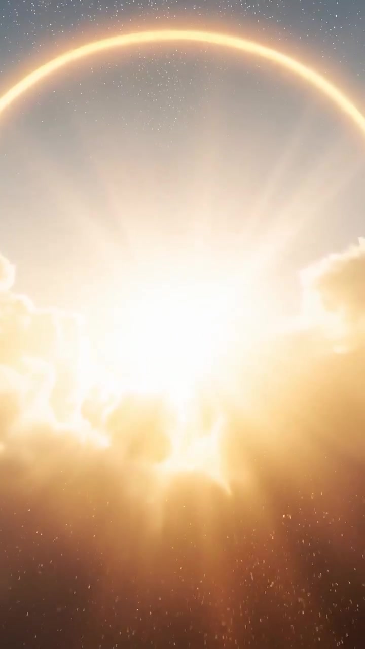 Vertical video: Rising core brightening above clouds after halo arc, sending rays signaling dawn