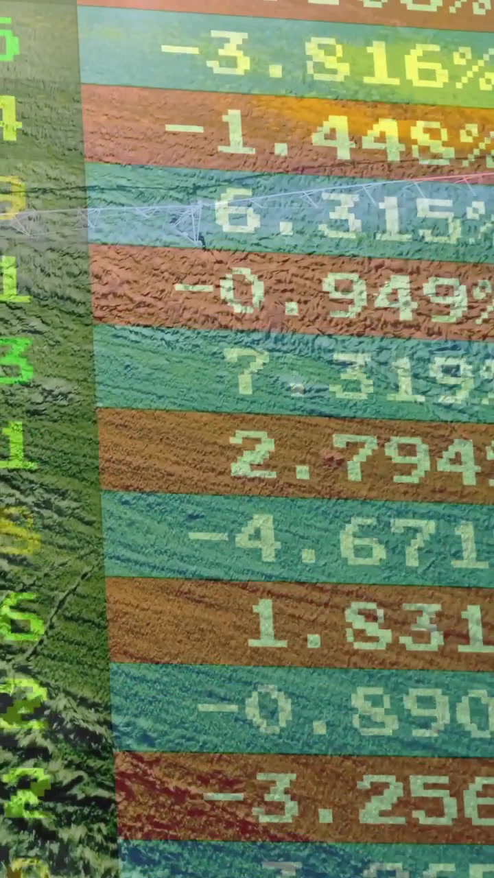 Vertical video: Phone tilt starting numeric ticker scrolling showing new % rows over farmland
