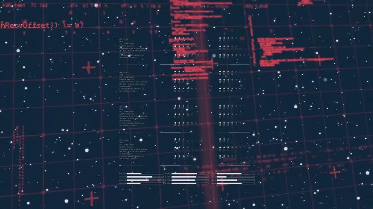 Animation of computer code processing on navy background with lights