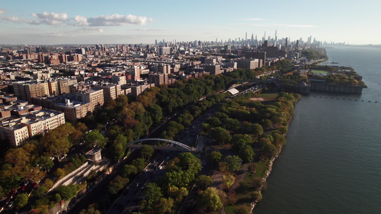 Gorgeous aerial of NYC from Harlem, Riverside Drive and Hudson River, 4K