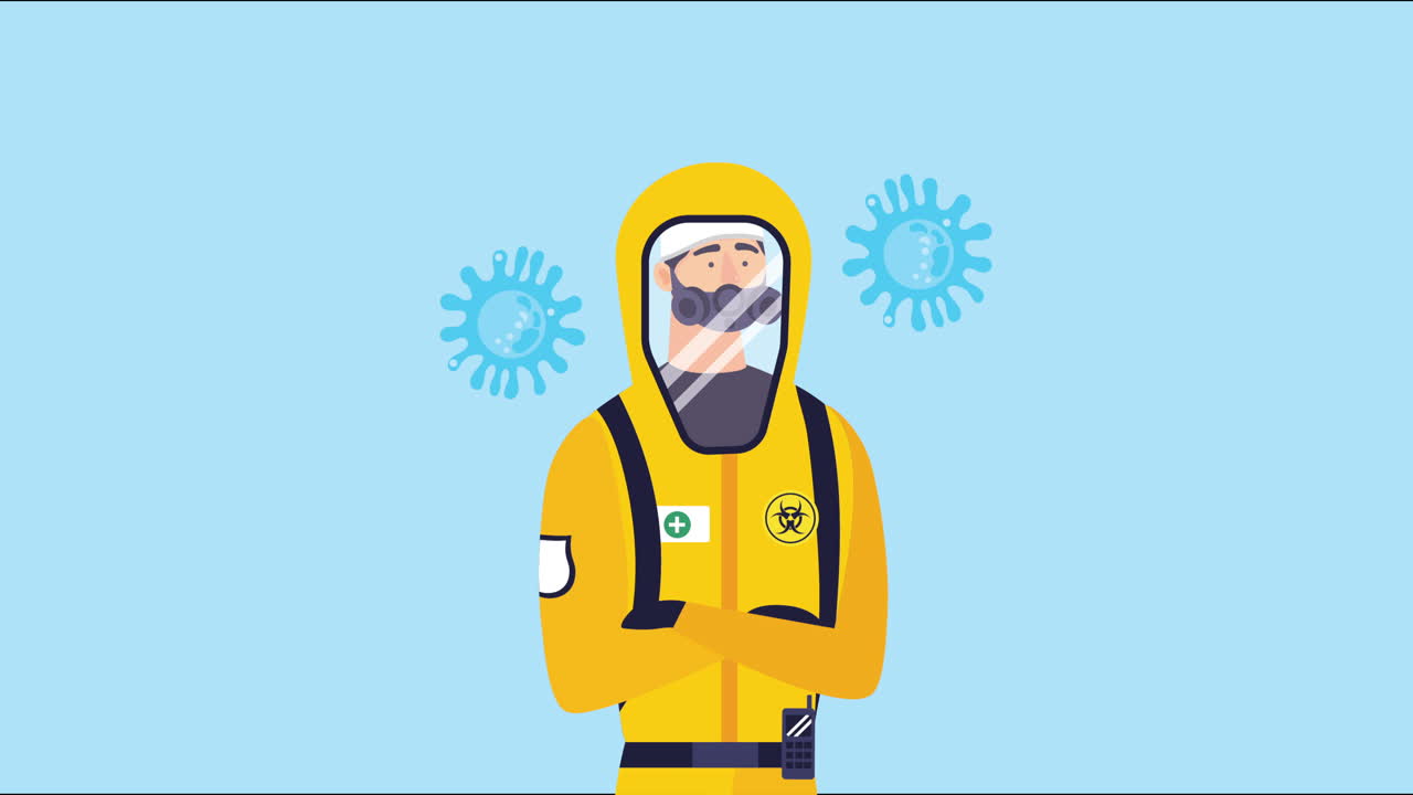 persona con traje de bioseguridad y partículas de covid-19