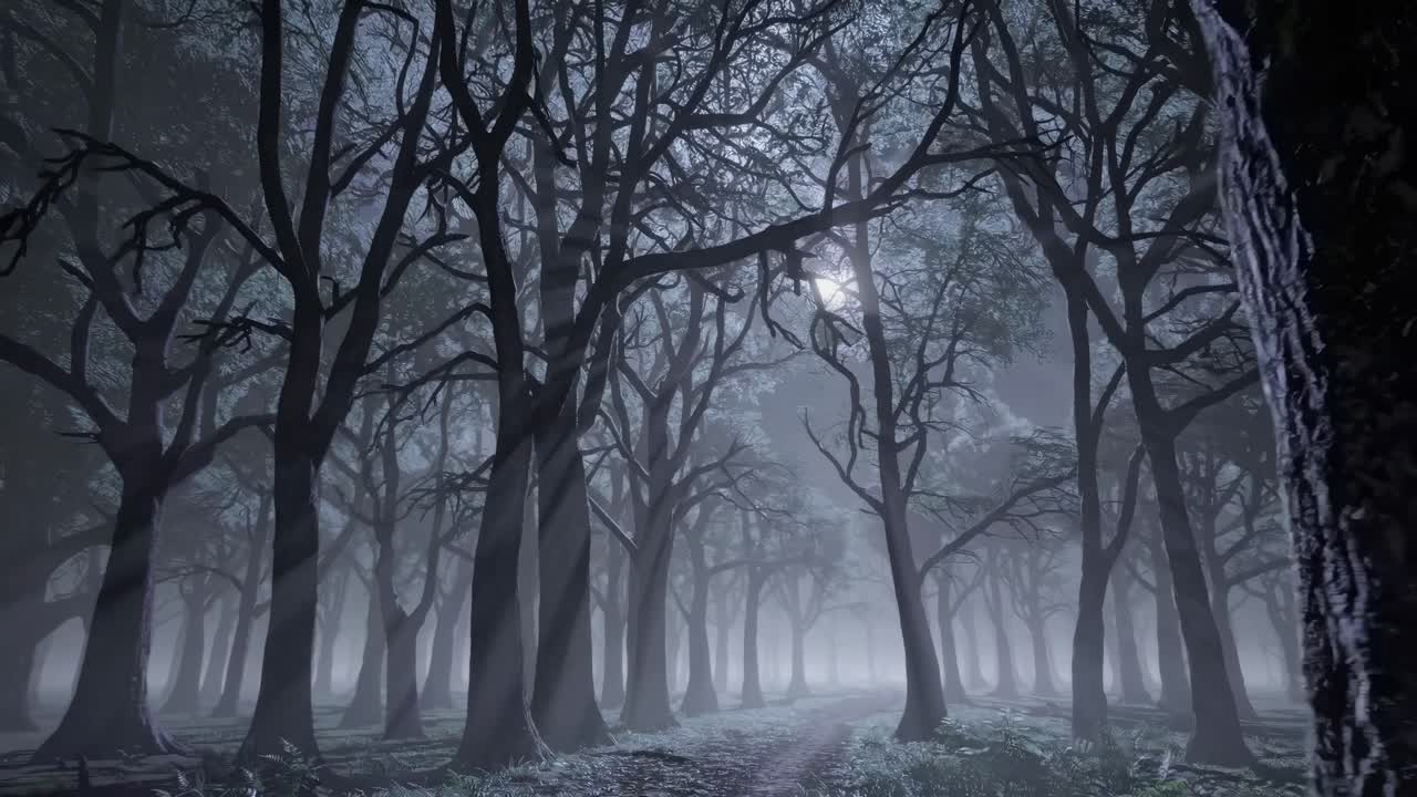 Eerie forest scene with towering trees under moonlight, captured from a low angle