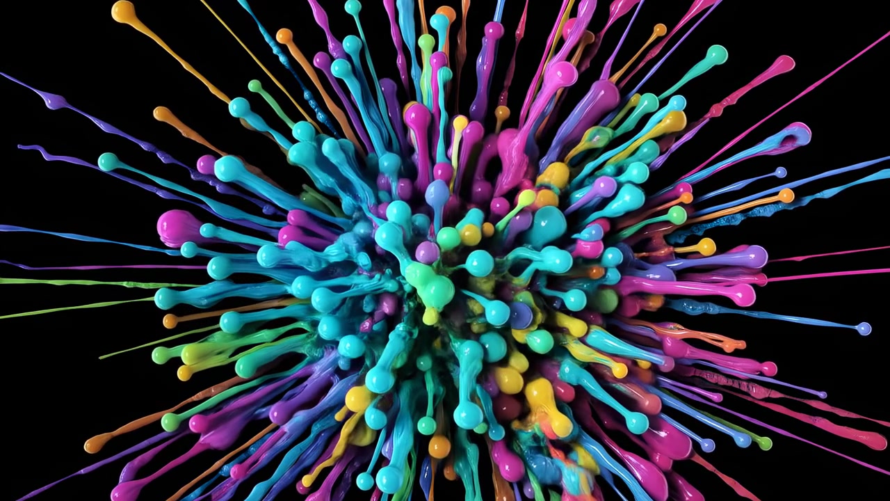 Vista ravvicinata di una massa di vernice lucida multicolore in dinamica espansione radiale, con filamenti allungati che si estendono verso l'esterno da un denso nucleo centrale e perle arrotondate che formano un vivido contrasto astratto su