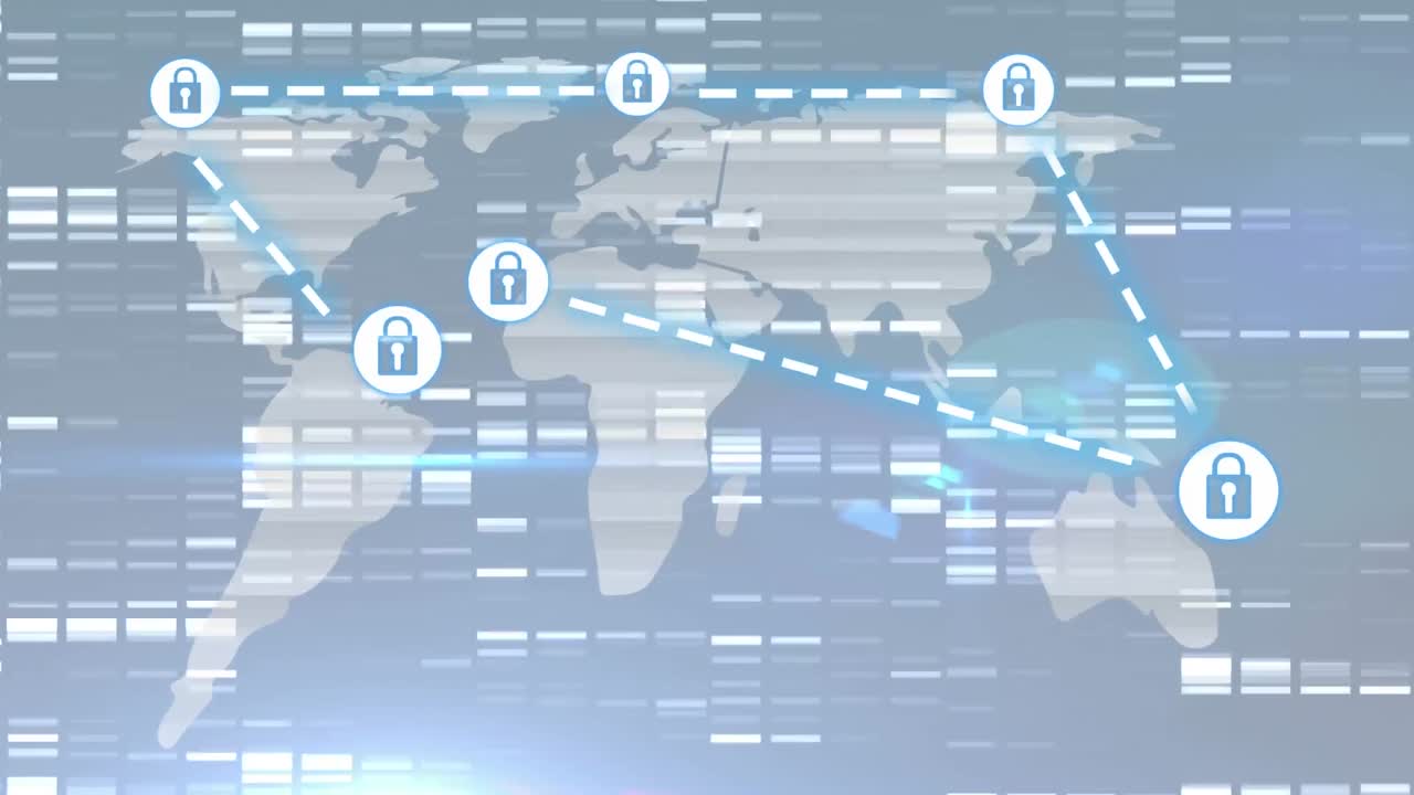 オンラインセキュリティパッドロックの接続ネットワークのアニメーションを明るい背景に