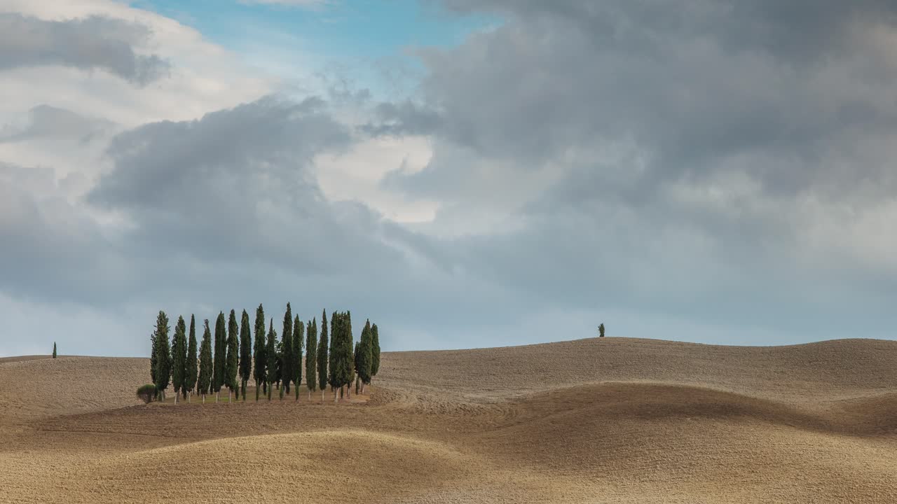 Cypress grove in Tuscany time-lapse, ploughed fields and hills, overcast - Tuscany's Natural Beauty: Time-Lapse of Cypress and Fields