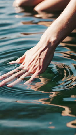 hand gently touching the surface of calm water